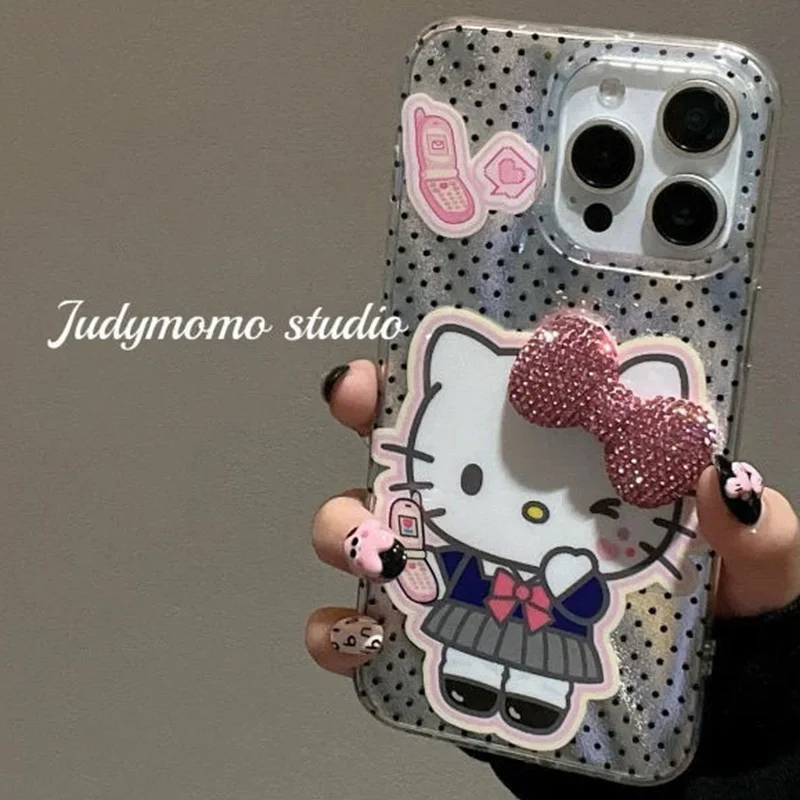 Cute Sanrio Hello Kitty IPhone 15 Case Kawaii Ins Pink Diamond Bow Cute Soft Shell 15promax 14pro 13 12 IPhone Cases Gifts Girl