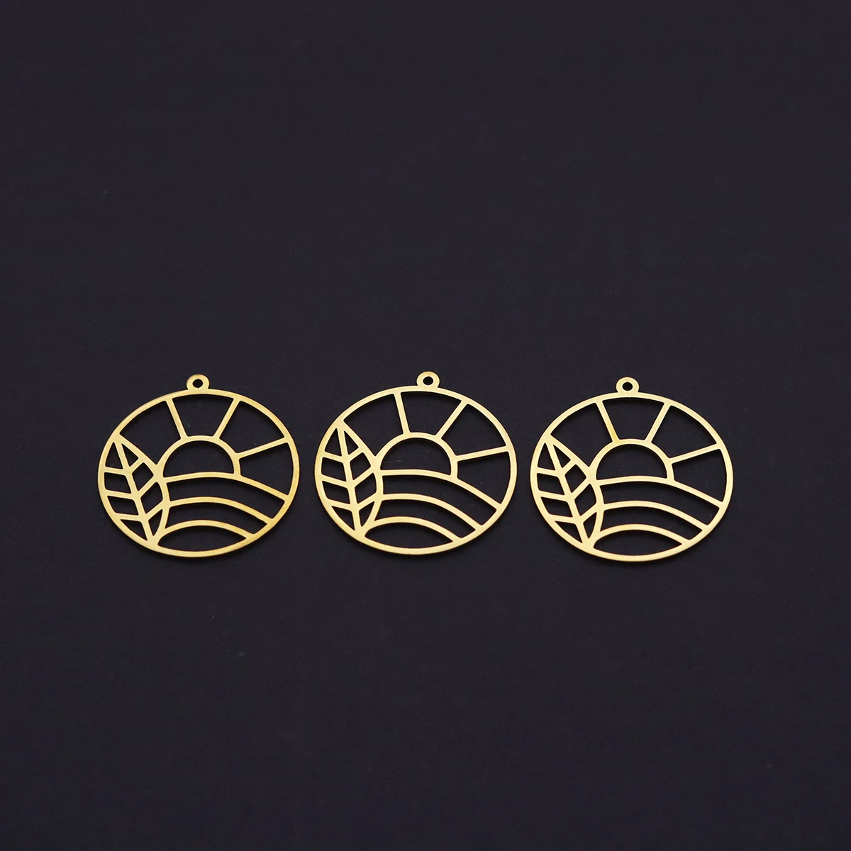 3pcs New Round Sunrise Wheat Hollow Charms  Trendy  Scenery Pendants Stainless Steel for diy Jewelry Making Bulk Craft Supplies