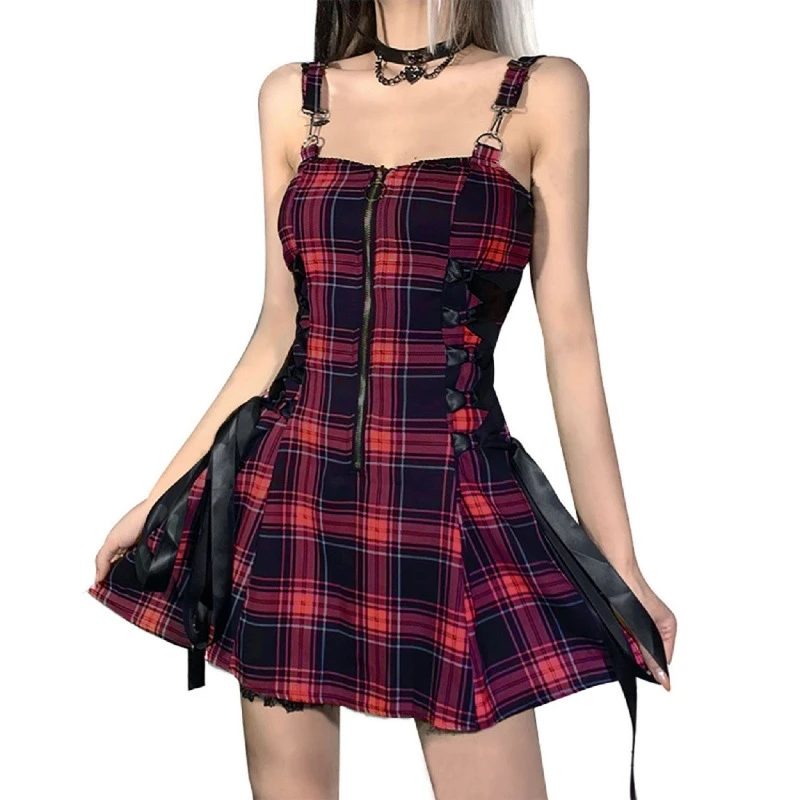 

2025 Women's Dress Retro Plaid Print Lace Up Dress O Ring Half Zipper Adjustable Buckle Strap Sleeveless A-Line Dress