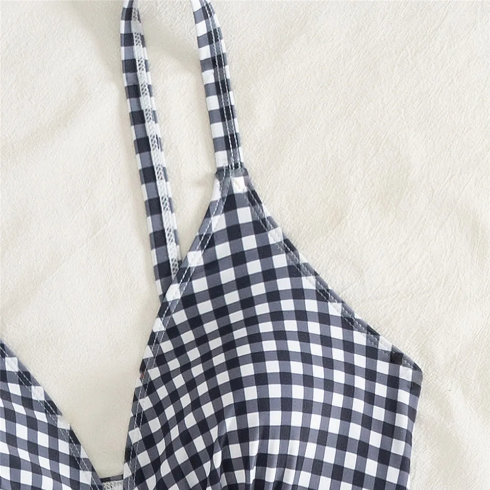 Geruite print Koreaanse mode badmode eendelig badpak trekkoord gegolfd badpak conservatieve vakantie strandkleding 2026