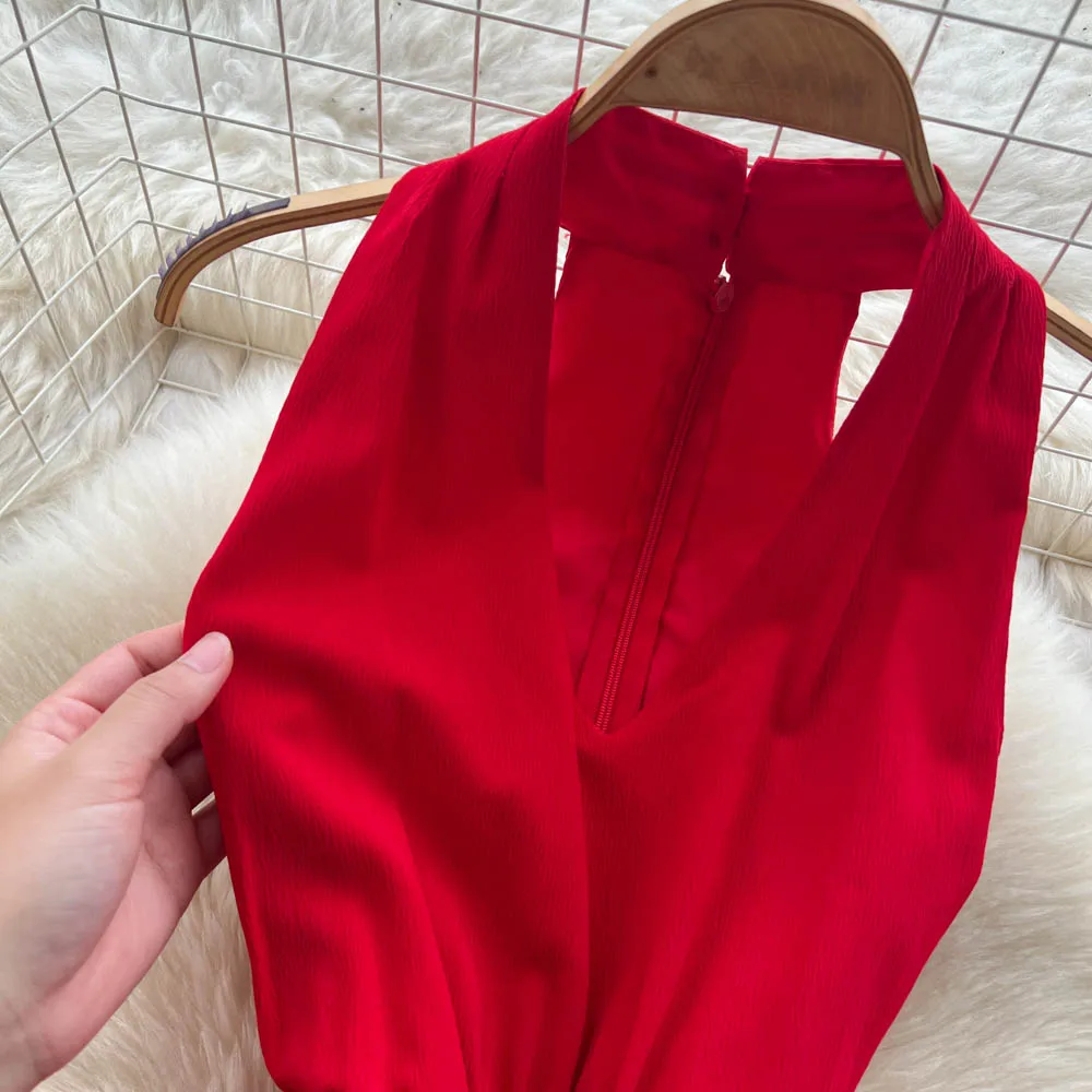 Elegancka, seksowna sukienka vintage z dekoltem halter, rozcięciem, marszczeniami, w stylu wróżki, długa sukienka na wakacje, damska sukienka boho, sukienka na ceremonię.