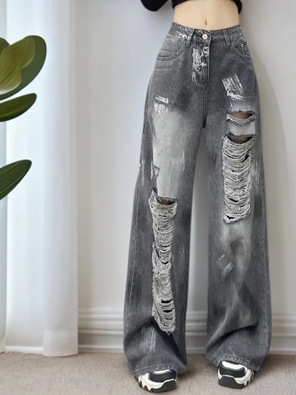 

Spring Summer New Sle High Waist Distred Waed out Denim Pants Women Loose Wide Leg Long Trousers Casual Multi ket