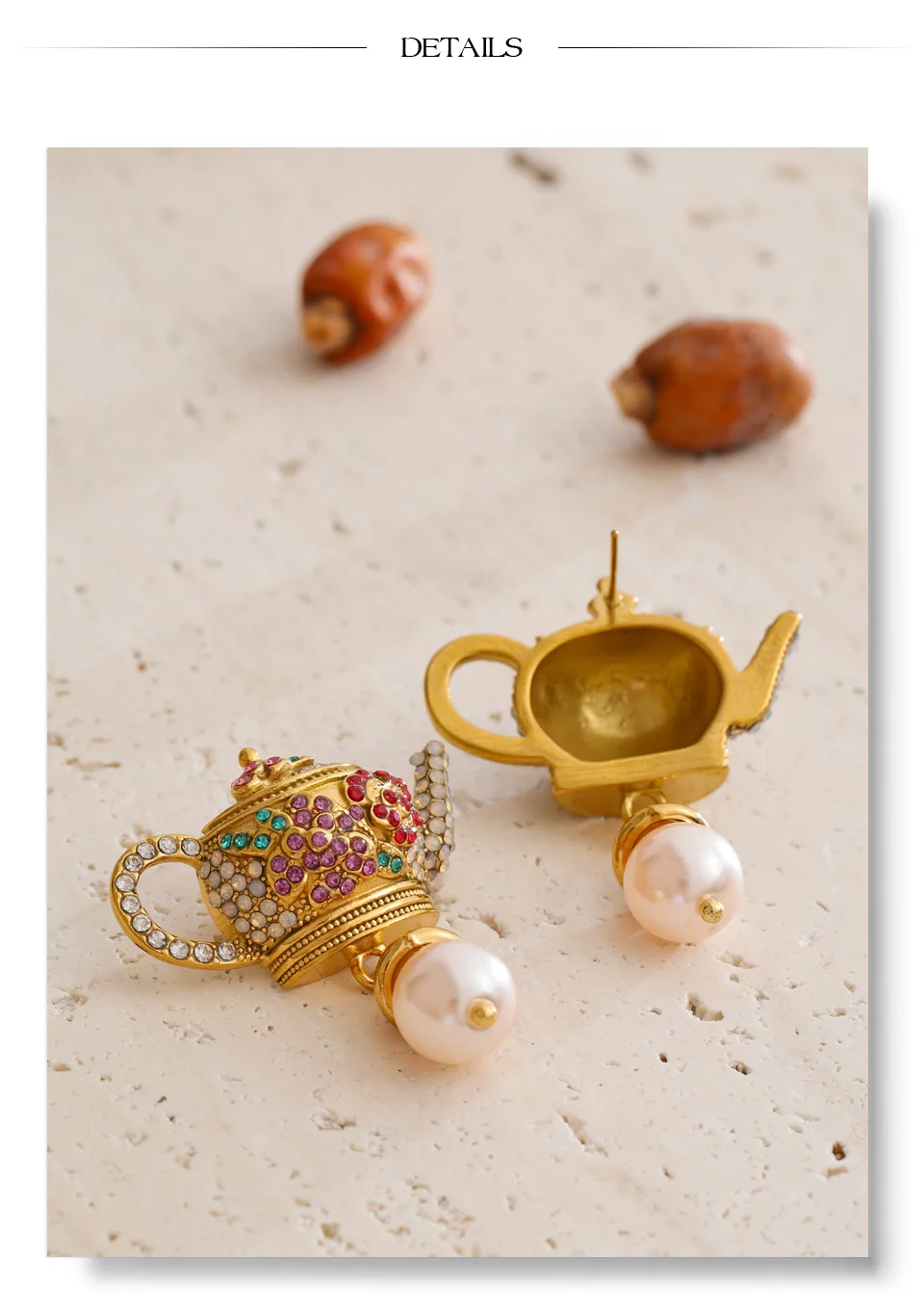 Yhpup Bunte Strass-Ohrringe mit simulierten Perlen, Teekanne-Design, goldfarben, Vintage-Mode, Ohrschmuck, Accessoires – Detail 9