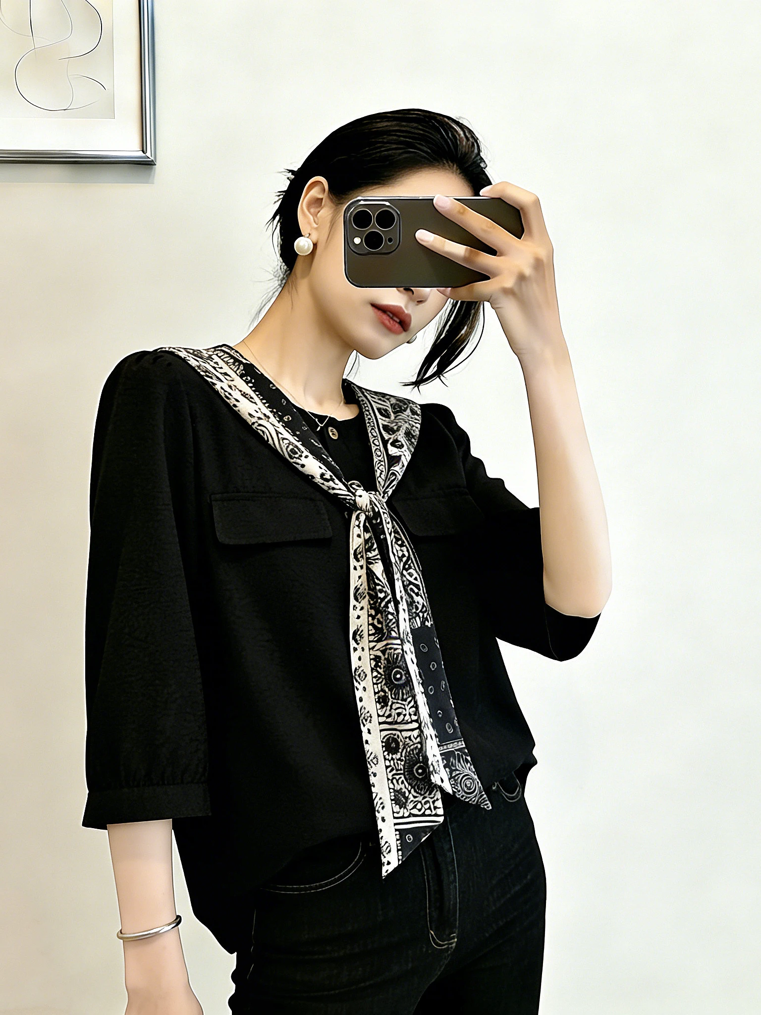 Elegant Black Silk Scarf Shoulder Wrap Short Sleeve Women's Shirt Spring Summer New Style plus Size Trendy Top Korean Style