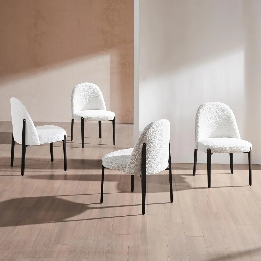 

Boucle Dining Chairs Set of 4, Thick Upholstered Chairs with Metal Legs & Curved Backrest, Post Modern Minimalist