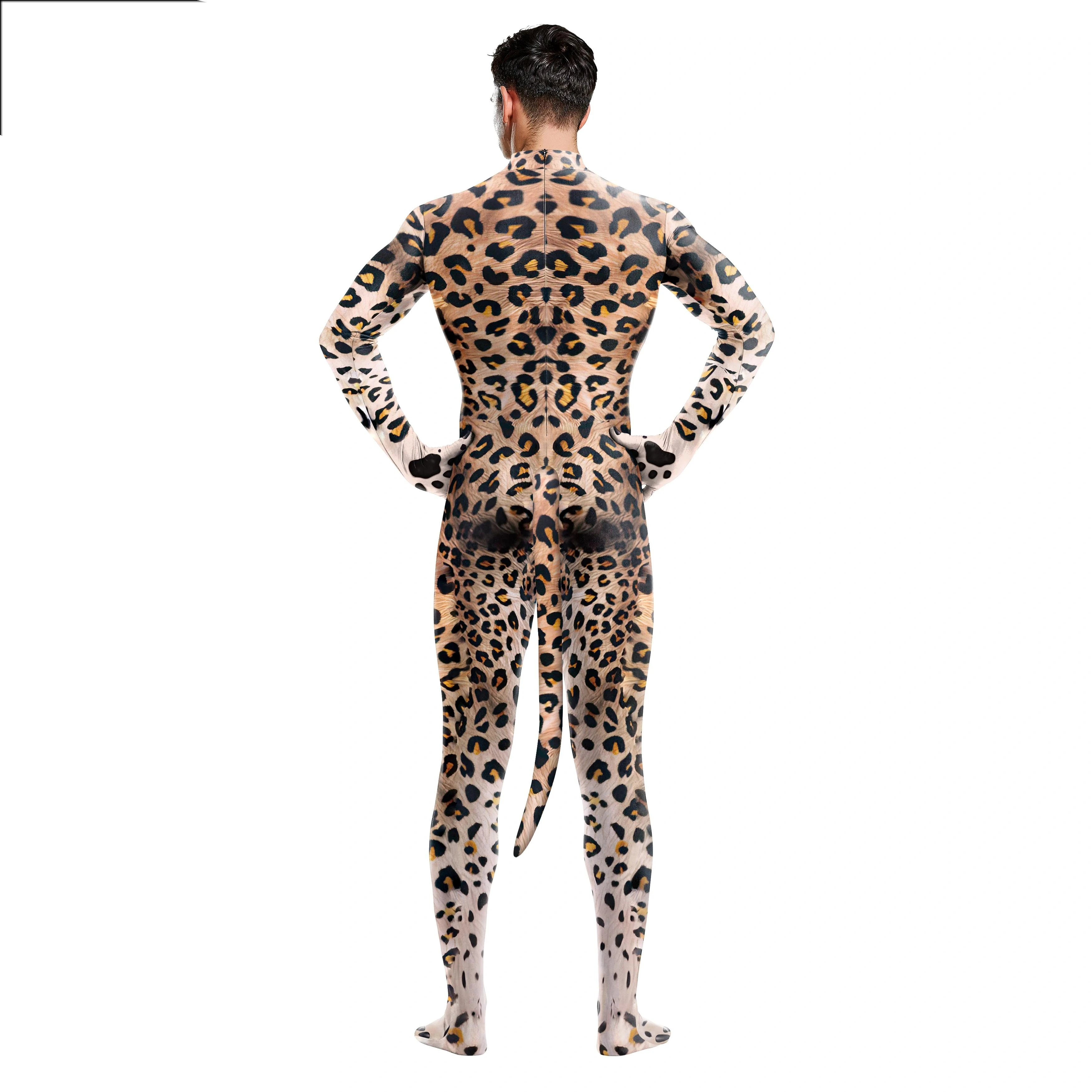 Halloween Cheetah Animal Costume with Tail Crotch Zipper Role Playing One-piece Bodysuit Unisex Leopard Print Clothes Bodysuits