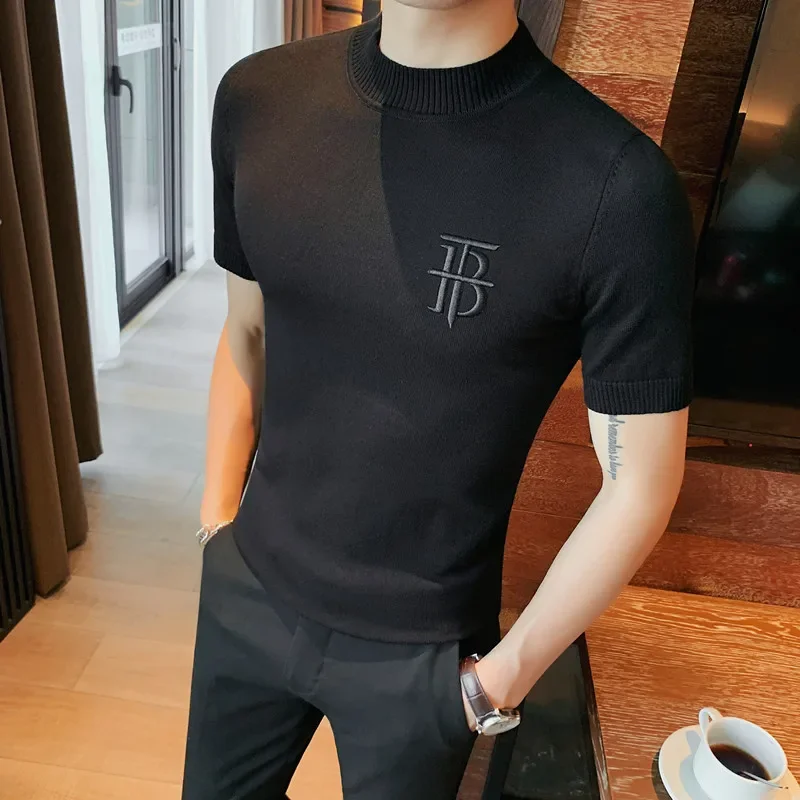 Luxury Men Summer Knitted T-shirt  High Quality Slim Fit O-neck Tops Jacquard Tees Brand Clothing Social Club Pullovers T-Shirt