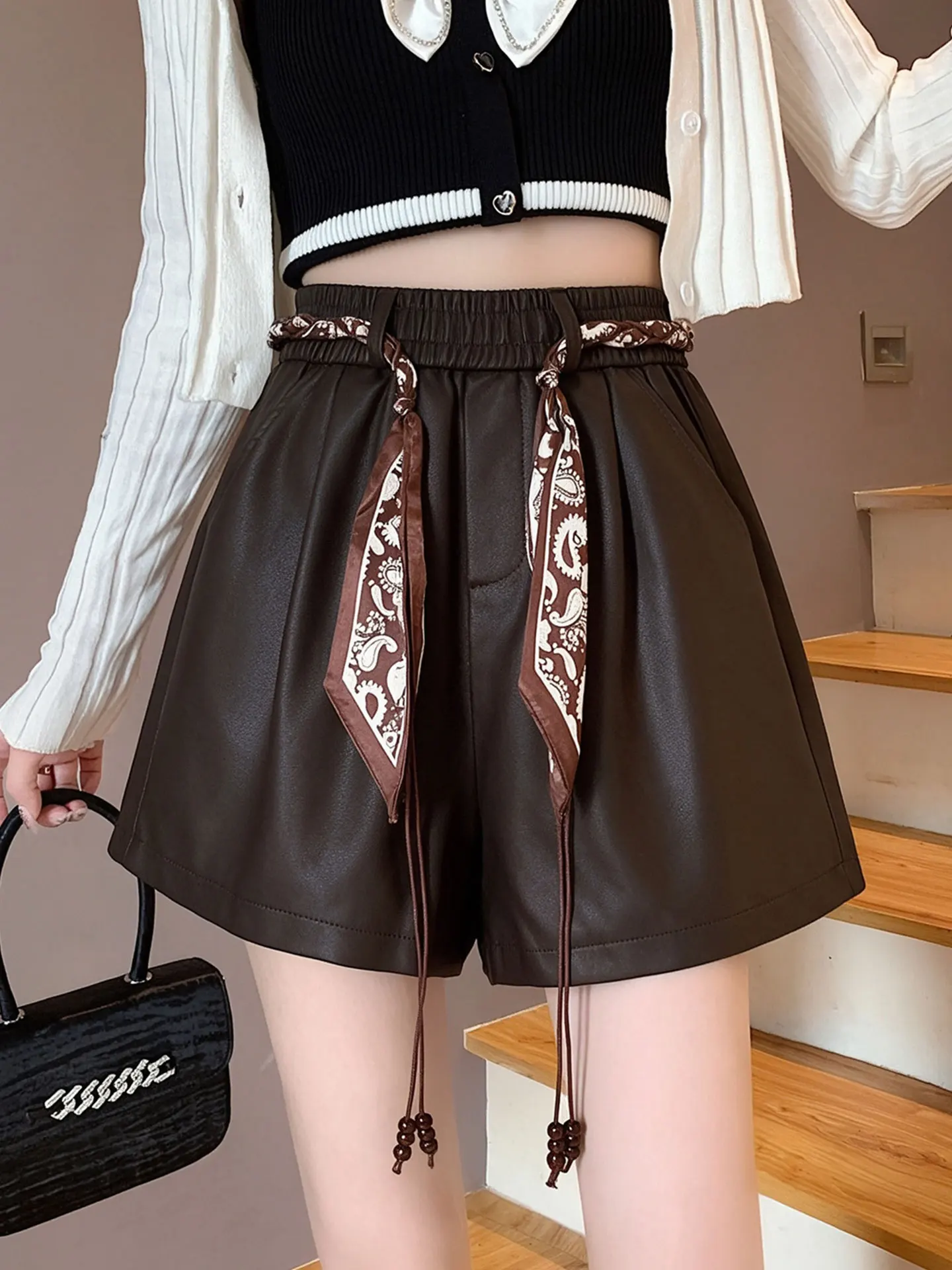 High Waist Wide Leg PU Leather Shorts Women's Autumn Winter Belted Casual A-Line Boot Pants Korean Style Simple  Color