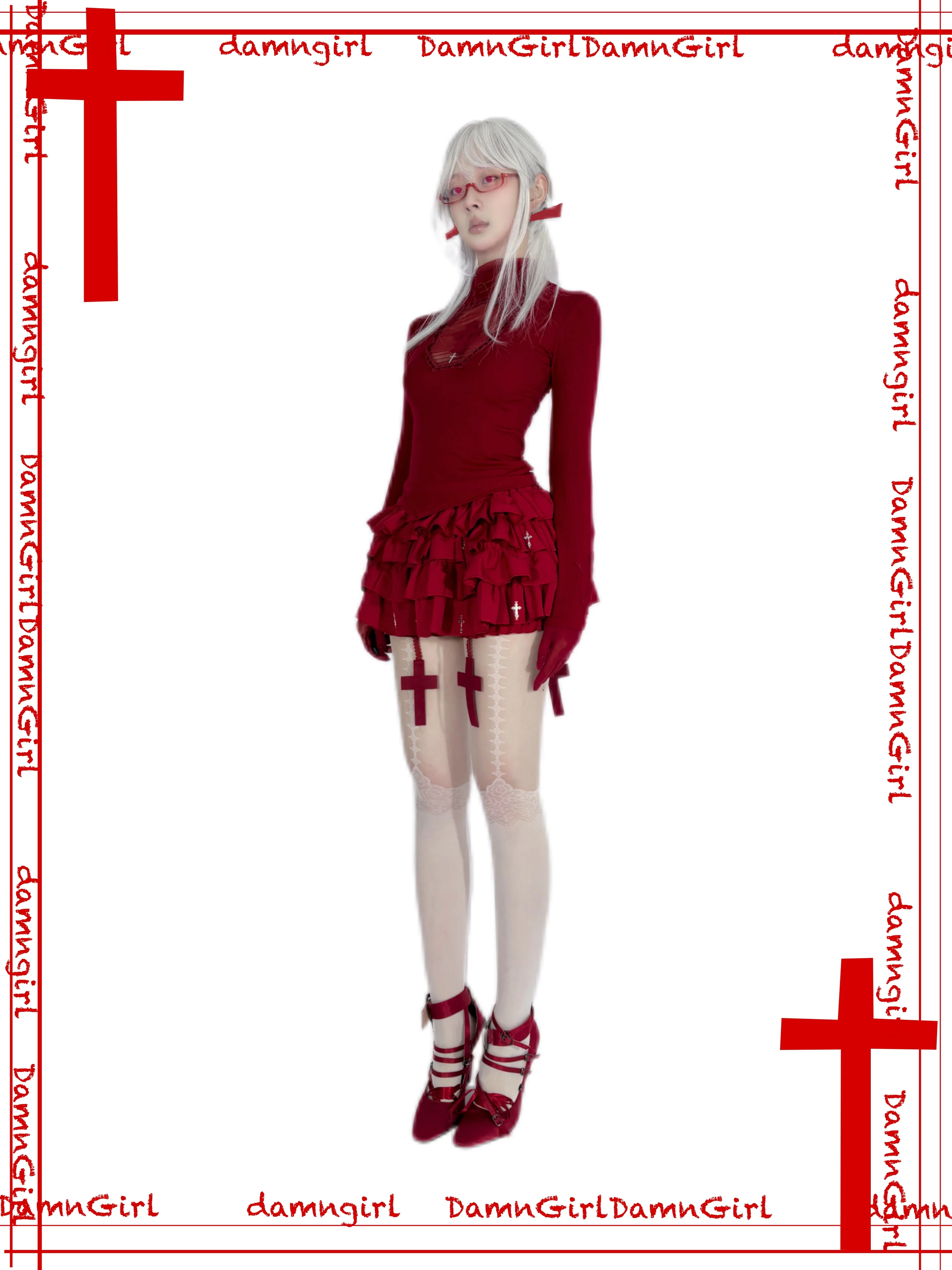 Original Design Women Girls Bloody Red Cross Print Red Wine Shirt Gothic Hollow Out Stretch Turtleneck Slim Tshirt Tee Tops