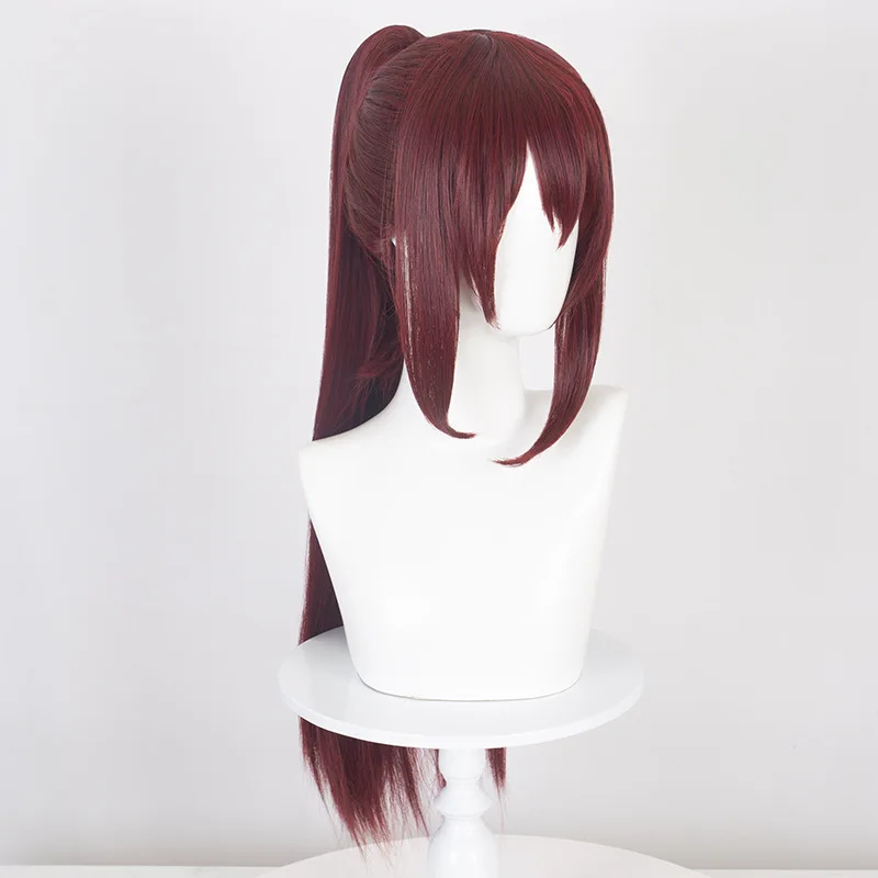 마법소녀 마도카 마기카의 호무라 아케미의 짙은 빨간색 가발 코스프레는 헤어 클립으로 고정된 단일 포니테일을 가지고 있습니다.