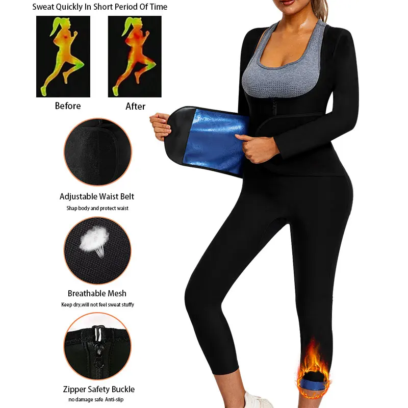 Women's Long Sleeved Pants Jumpsuit 6 In 1 Sauna Sweat Shirt Full Body Waist Trainer Weight Loss Workout Body Sauna Bodysuit