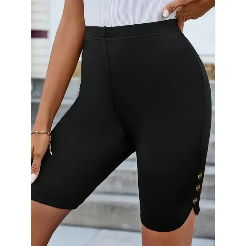 حجم كبير 1XL-5XL جديد النساء السراويل عالية الخصر طول الركبة بسط السراويل غير رسمية السيدات خفيفة الوزن مريح السراويل