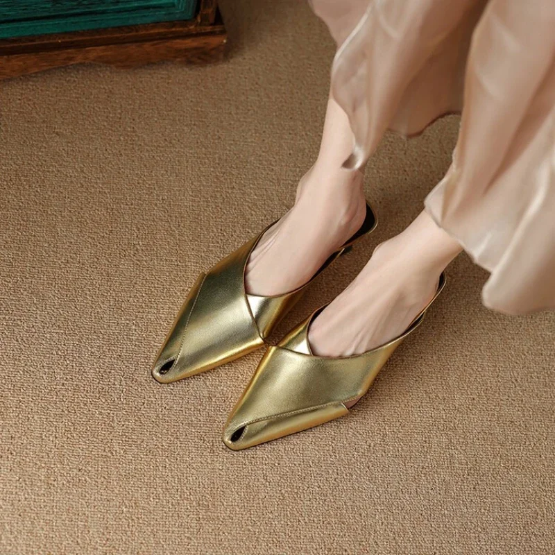 2024 Baotou Half Slippers Female Summer Outside Wearing Pointed High Heels Lazy Silver/golden Stiletto Sandals Female