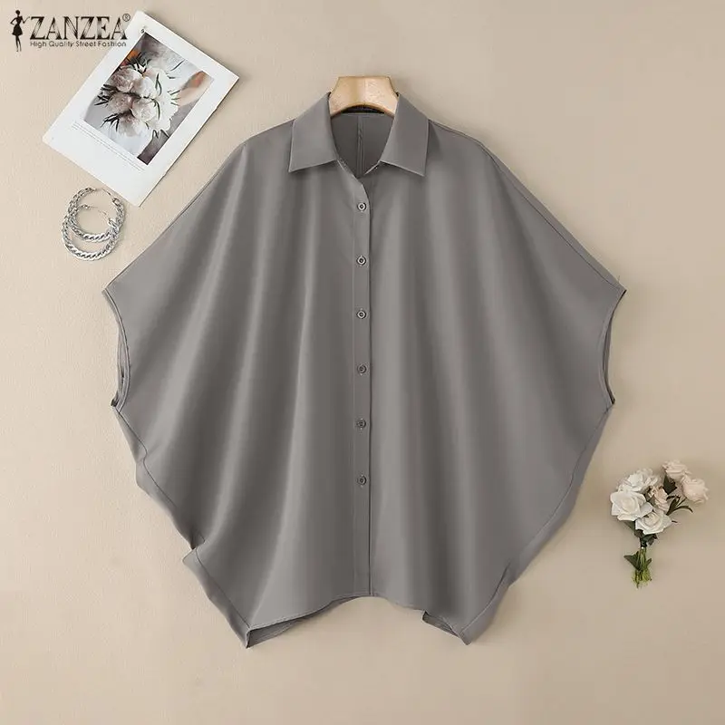 

Модная женская рубашка ZANZEA 2026, весенняя офисная блузка, элегантная рубашка с рукавами «летучая мышь» 3/4, повседневные однотонные топы на пуговицах, большие размеры