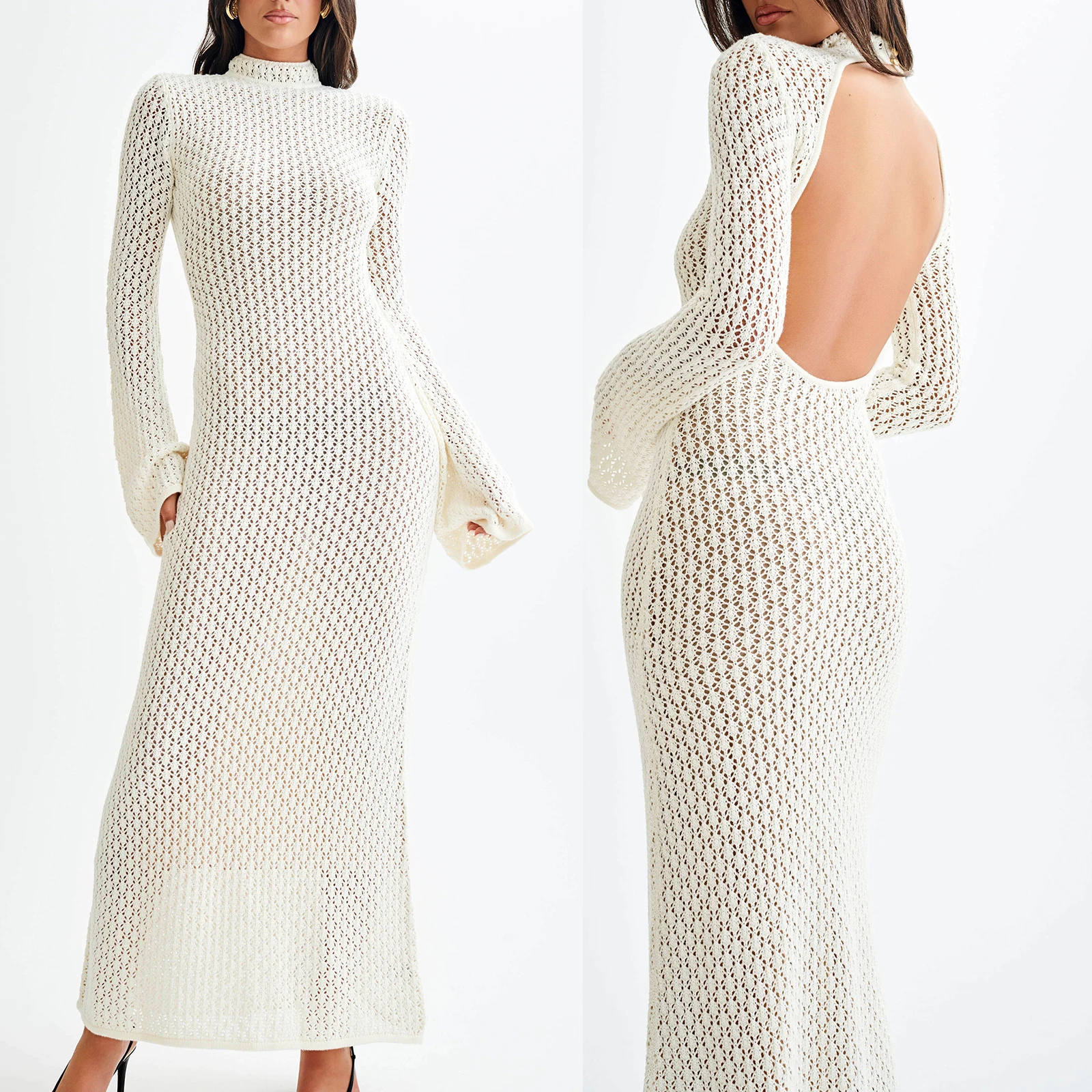 Women Long Sleeve Knitted Dress Beach Cover Ups Sundress Casual Fall Backless Maxi Dress Knitwear for Vacation Cocktail Club