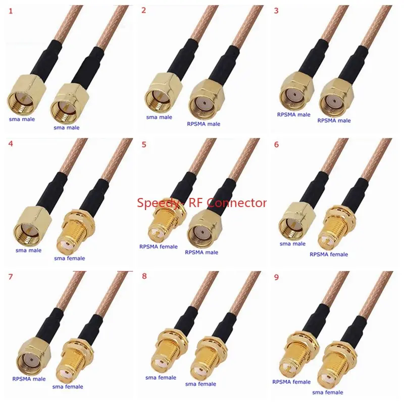 Набор коннекторов RG316 SMA-SMA Male Female, коннектор RPSMA Male Female To обжим SMA для Pigtail Jumper, кабель-удлинитель RG-316, низкие потери