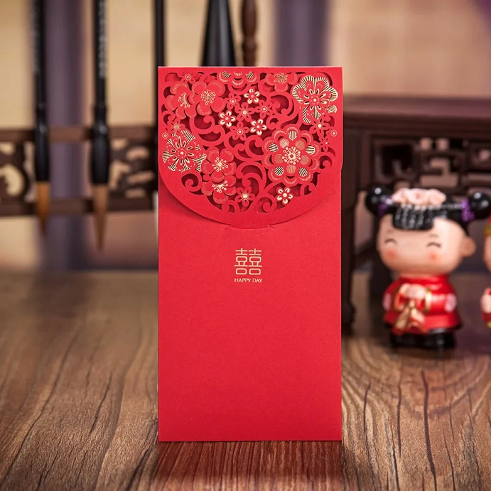 6pcs Laser Engraving Chinese Red Envelopes Hollow Embossed Red Packet Rectangular Three-dimensional Lucky Money Bag New Year