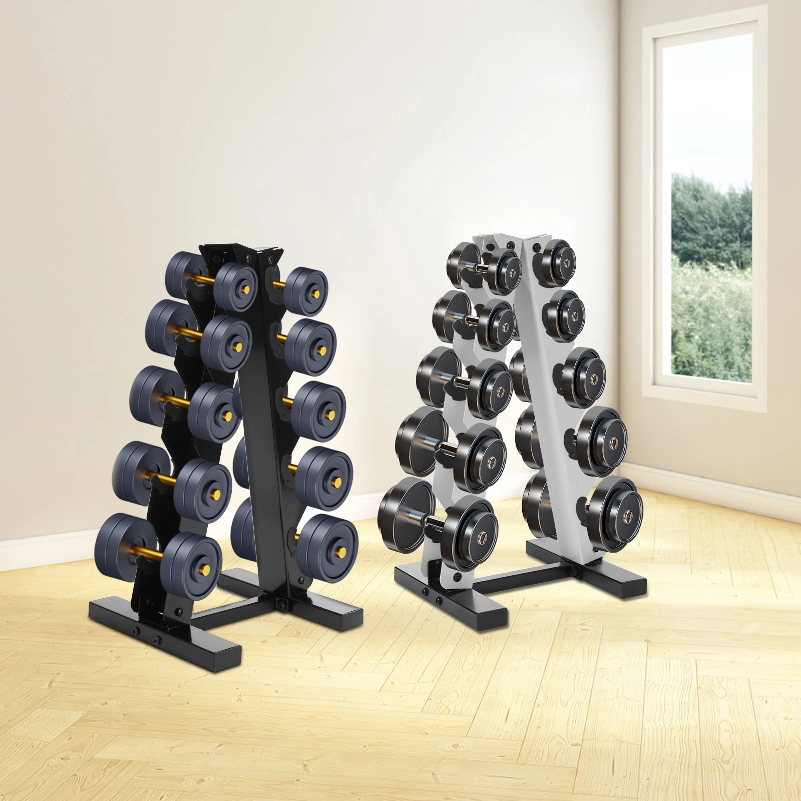 Estante para mancuernas con marco en A de 5 niveles, 100kg, peso de acero, soporte para pesas para almacenar mancuernas en hogares y gimnasios