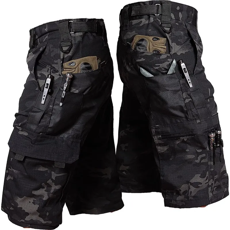 Mens Cargo Shorts Summer Tactical Cropped Trousers  Outdoor Waterproof Multi-pocket Bermudas Pants Camo Ripstop Hiking