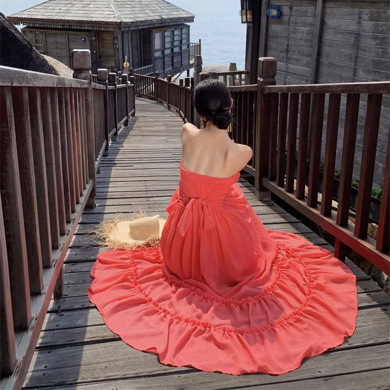 Vestido largo de cintura ajustada para mujer, traje bohemio de alta calidad con cuello oblicuo sin mangas para vacaciones en la playa y verano