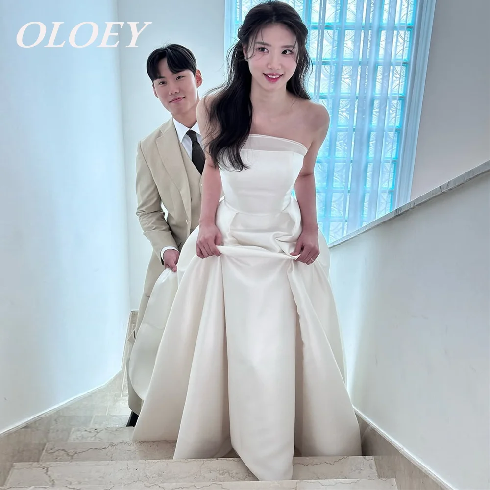 

OLOEY Simple Strapless A-line Wedding Dresses Customized Floor Length Bridal Gowns Korea Photoshoot Corset Soft Satin