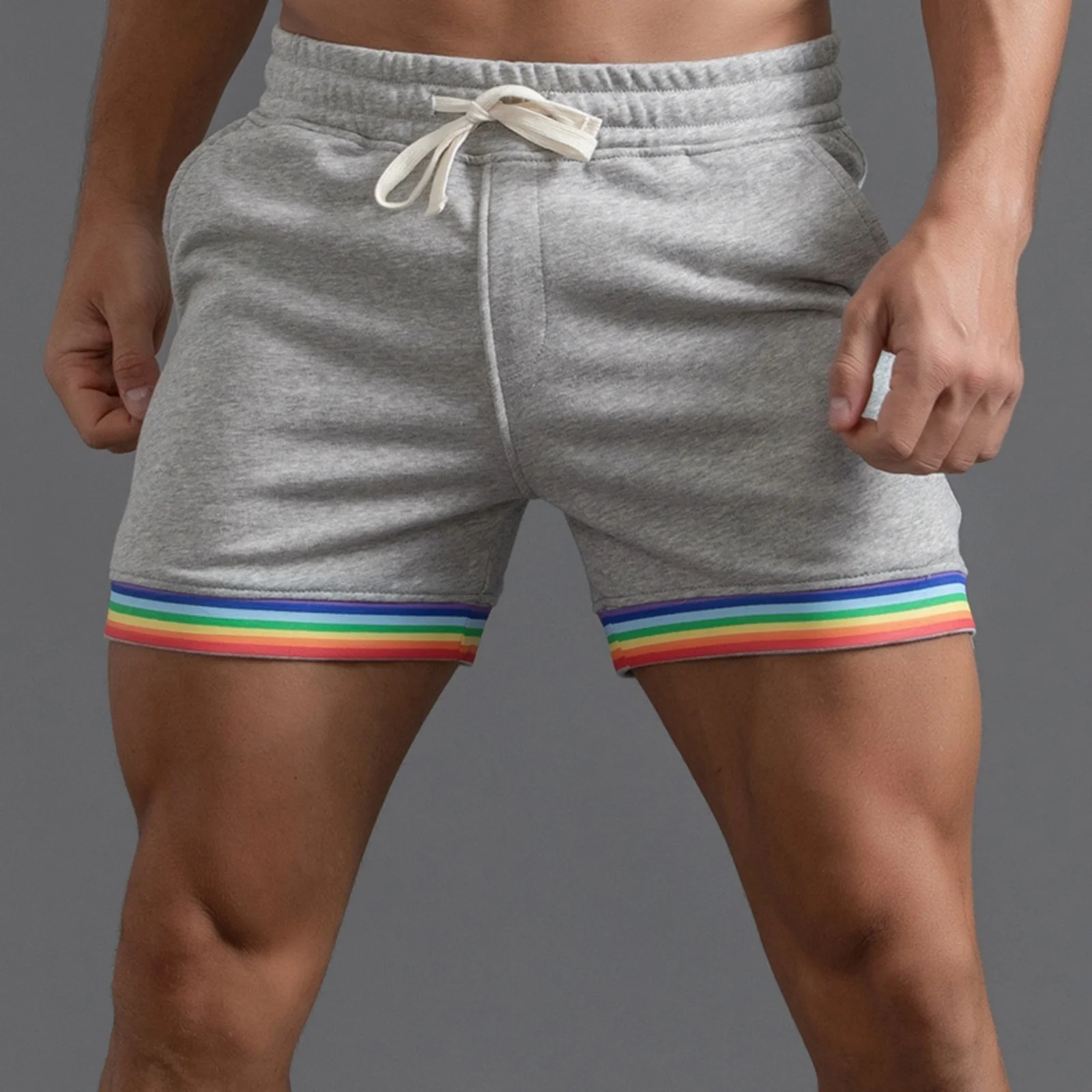 

Mens Summer Solid Color Rainbow Short Pocket Drawstring Loose Casual Sports Running Straight Shorts Beach Pants New