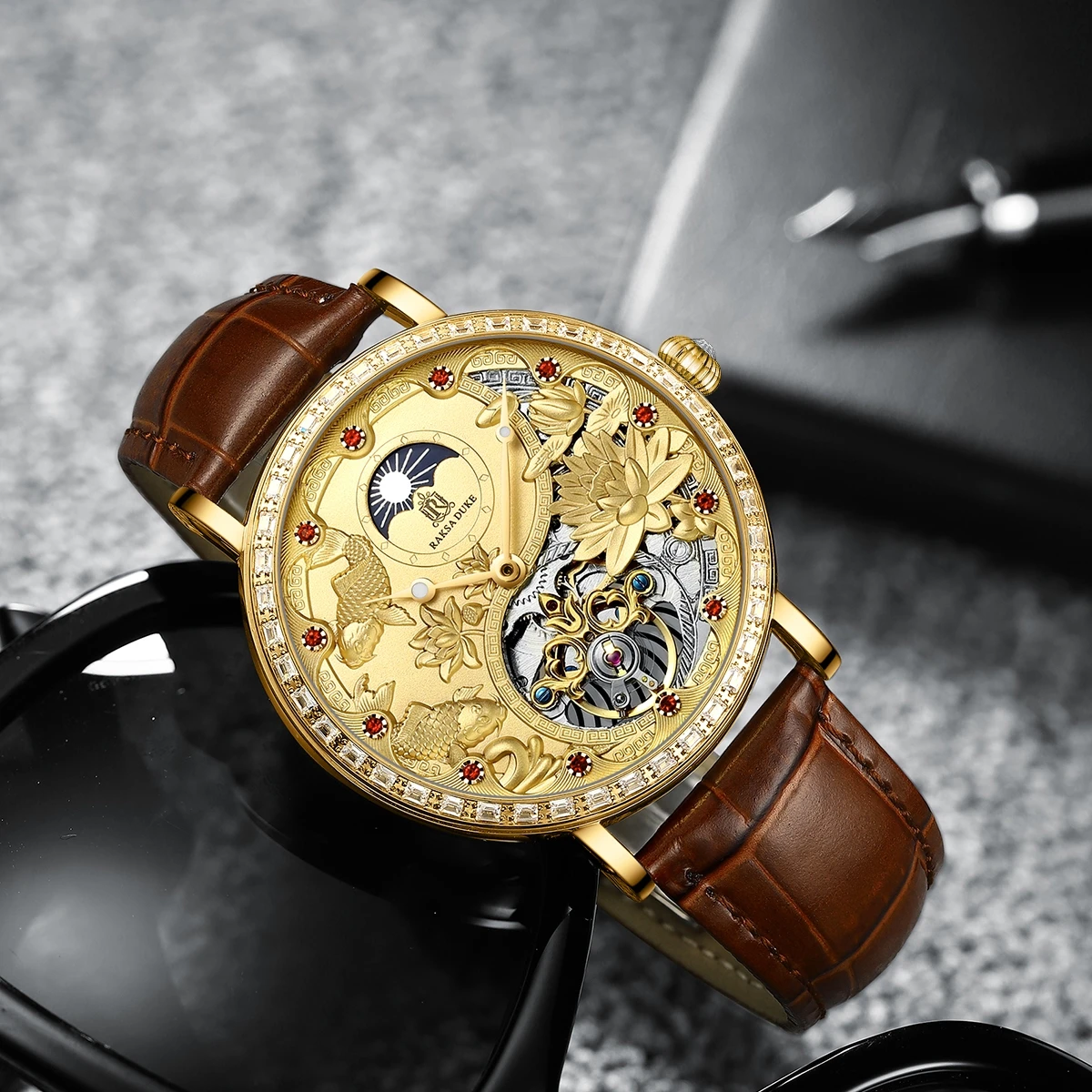 RAKSA DUKE Automatic Mechanical Watch for Men Luxury 3D Embossment Fish Skeleton Watch Moon Phase Men‘s Wristwatch’ - Image 4