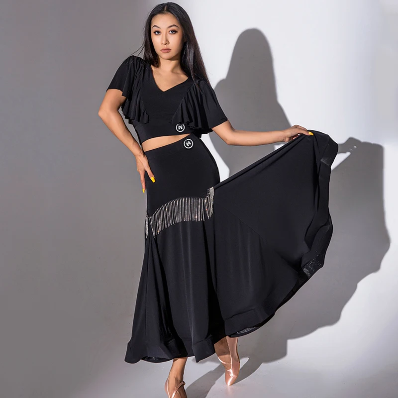 

2024 Ballroom Competition Dance Dress For Women Black Short Sleeved Swing Skirts Waltz Modern Dance Practice Clothes DN15540