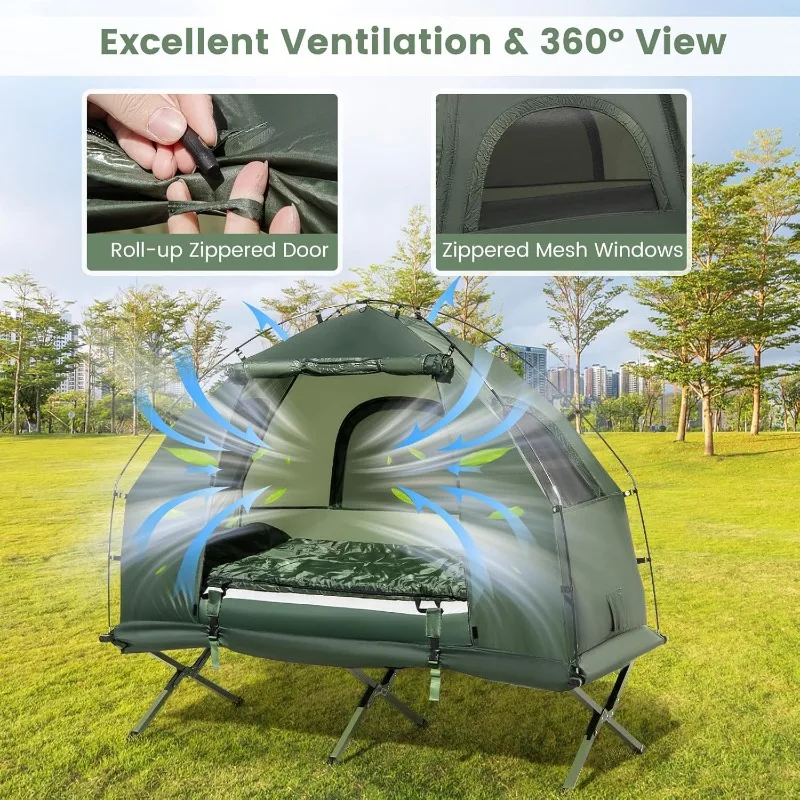 سرير خيمة تخييم Goplus، سرير تخييم قابل للطي 5 في 1 مع مرتبة هوائية، وسادة، كيس نوم، مأوى خيمة مرتفعة مقاومة للماء