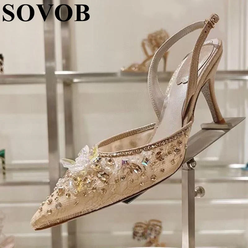 

Women's Pointed Lace Crystal Decoration High Heels Back Strap Solid Color Sandals Spring Autumn Sexy Party Banquet Elegant Shoes