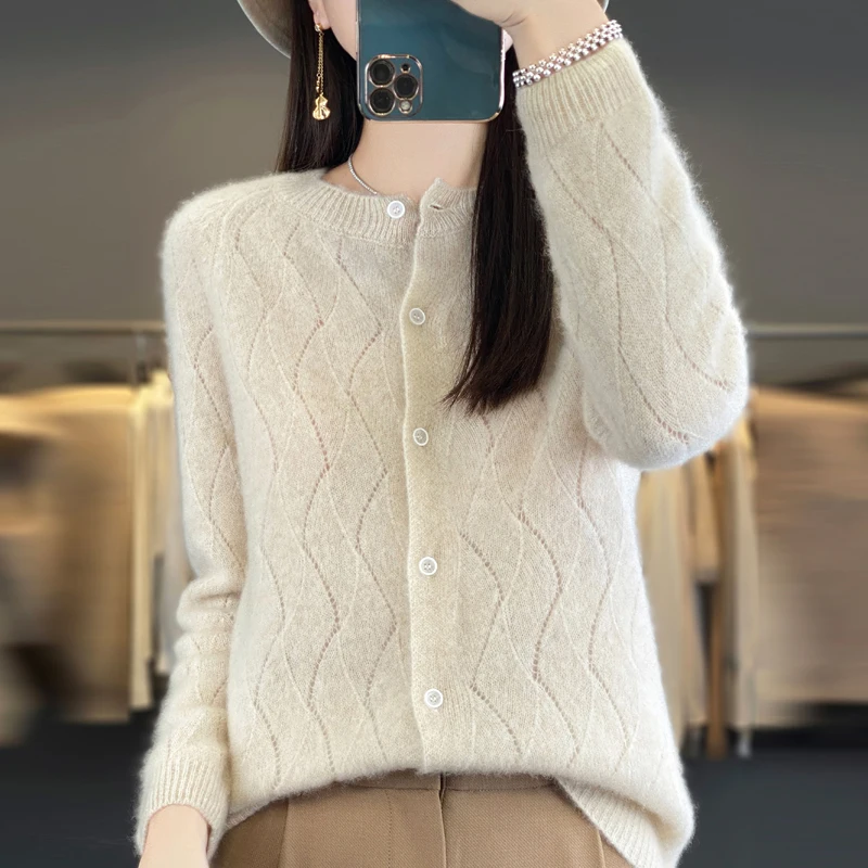 100% Pure Wool Sweater Women\'s Round Neck Cardigan Wave Hollow Cashmere Sweater Jacket Thin Knit Sweater Loose Versatile Sweater