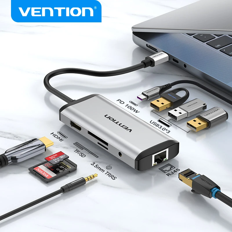 Vention usb c hub 4k 60Hz tipo c para hdmi 2.0  RJ45 1000W usb 3.0 pd 100w adaptador para Macbook Pro Air Ipad pro M1 pc acessórios hub usb