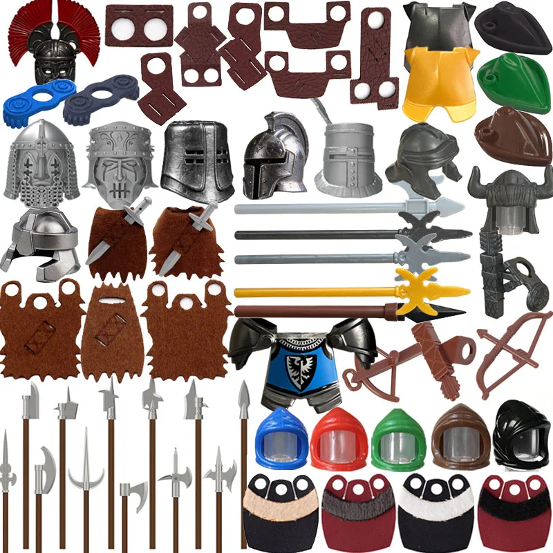 MOC Acessórios Medievais Blocos de Montar Peças de Personagem Soldado Cavaleiro Lança Machado Espadas Capacete Capa Arco Armadura Brinquedos de Blocos S10