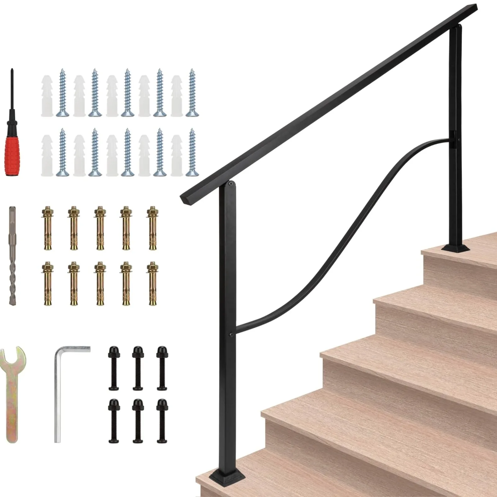 

US Adjtable Black Wrought Iron Handrail for Outdoor Steps, Stair Railing Fits 4 to 5 Step