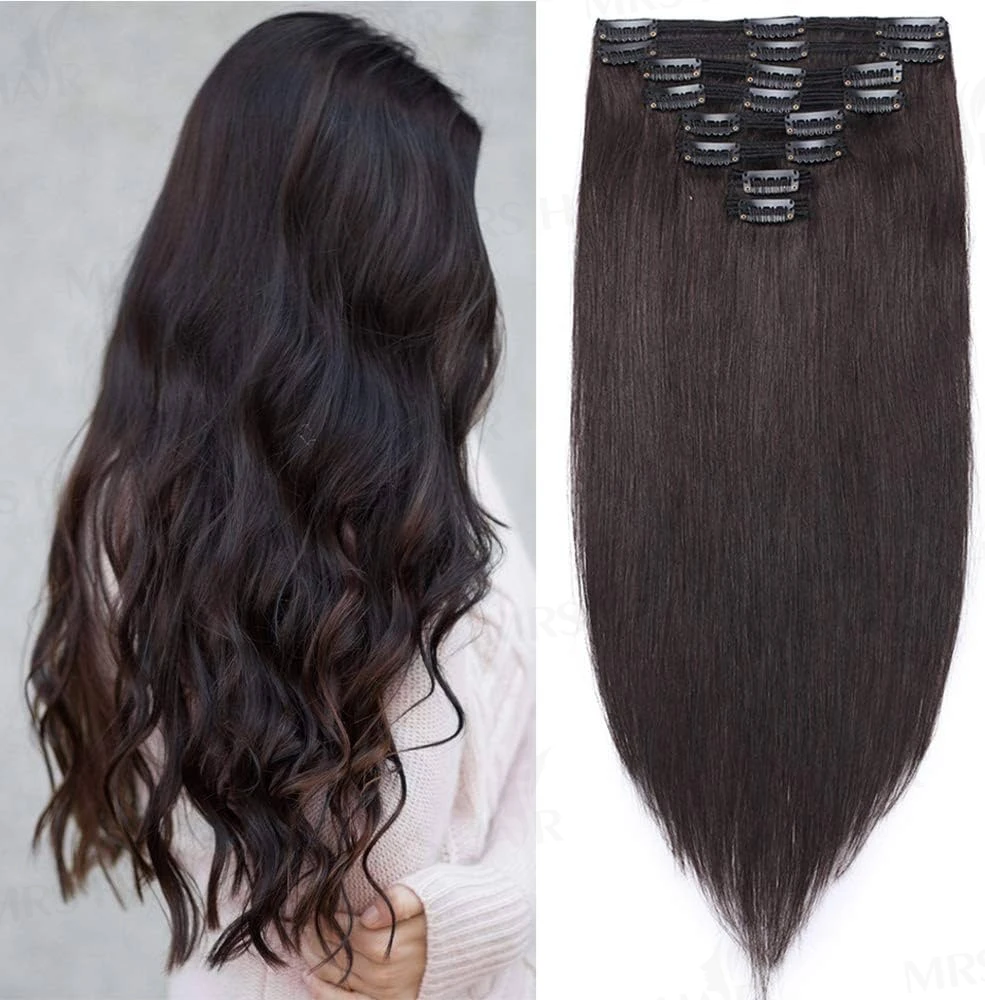 

100% Real Human Hair Clip in Hair Extensions 16 inch Straight Seamless Invisible Human hair Extensions Clip ins for Women Double