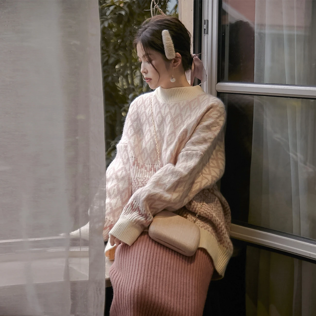 

Розовый вязаный свитер с геометрическим рисунком, круглый длинный свитер Lazy Sle, весенне-осенний женский модный удобный трикотаж