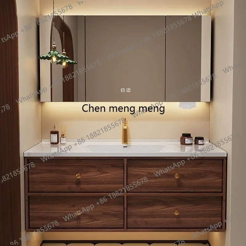D132 Medieval Bathroom Vanities Cabinet with Smart Mirror Vanity Sets Walnut Bathroom Ceramic Integrated Basin Hand Wash Face Si