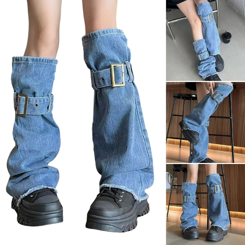 Punk Distressed Jeans Leg Warmer with Buckled Harajuku Grunge Washed Denims Leg Covers Baggy Flared Long Socks for Women