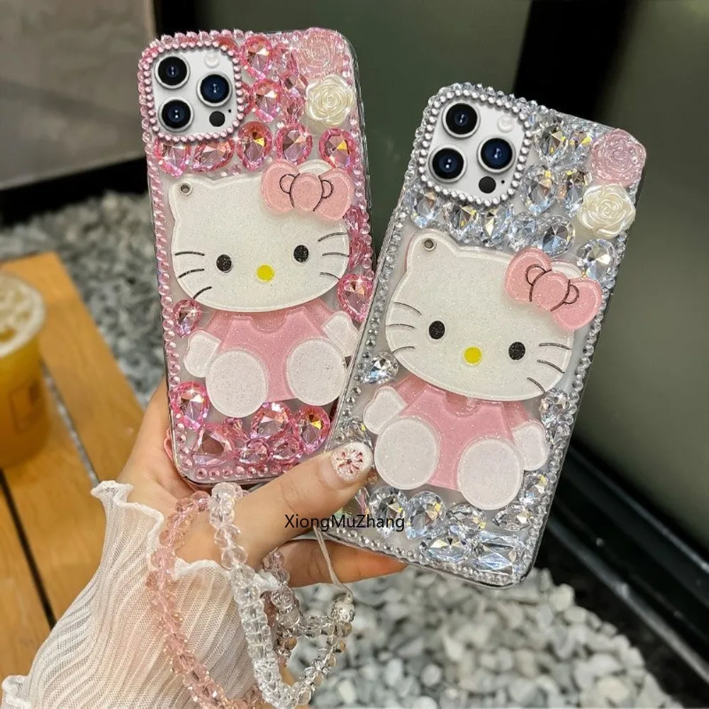 

Sanrio Cute Hello Kitty Cartoon Mirror Phone Case for Iphone 16 15 14 13 Pro Max 12 Shiny Jewelled Diamond Luxury Glitter Cover
