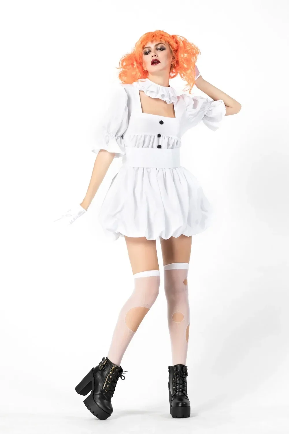 Costume de clown drôle sexy pour femmes adultes, robe de paupières cosplay, vêtements de performance blancs, masplay Tim ade, fête d'Halloween