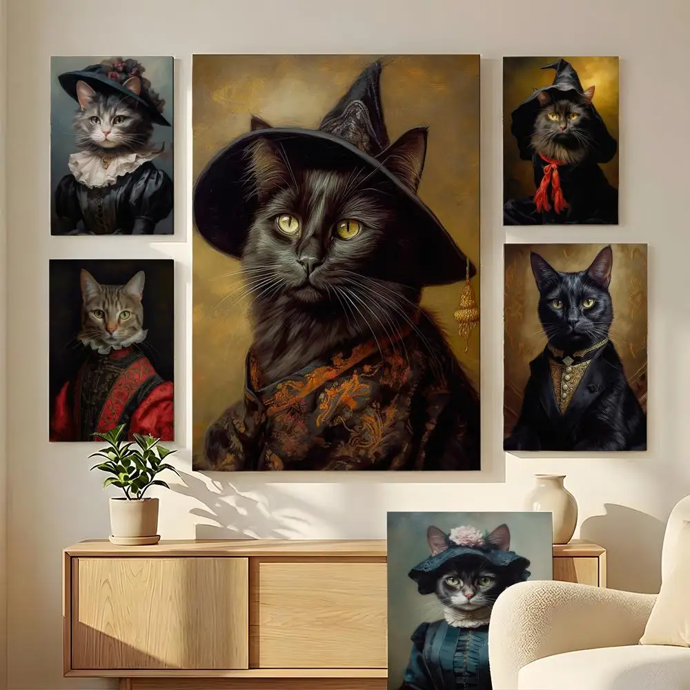 Renaissance Cat Portrait Black Cat HD Calligraphy Canvas Wall Art Poster For Bedroom Living Room Decor