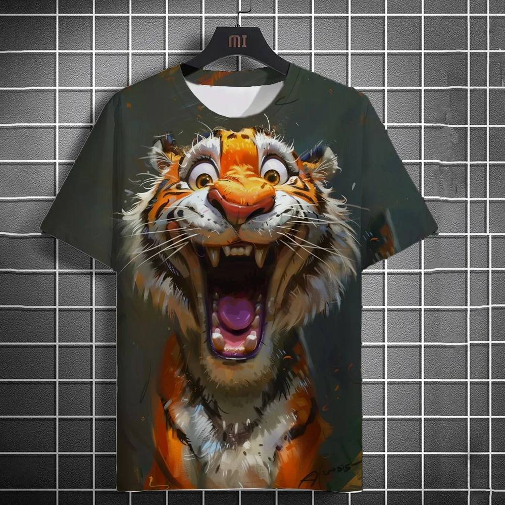 Fun tiger men's T-shirt 3D printed animal pattern casual sports short sleeved street fashion round neck oversized men's Clothing