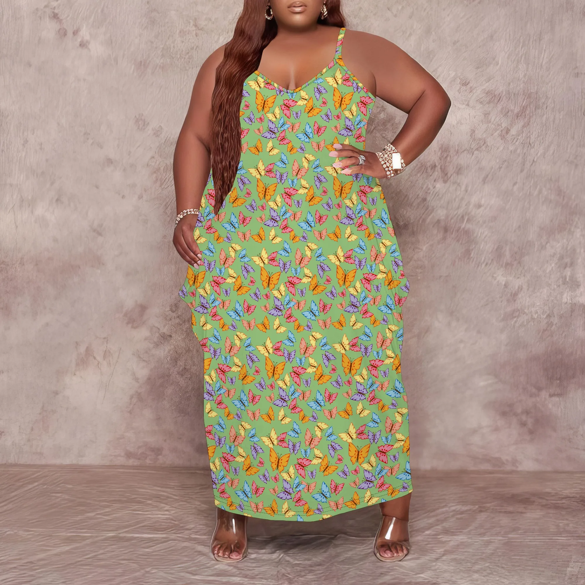 Women Plus Size Dress Loose Halter Long Dress with Pocket Stretchy Boho Butterfly Print XL-6XL​