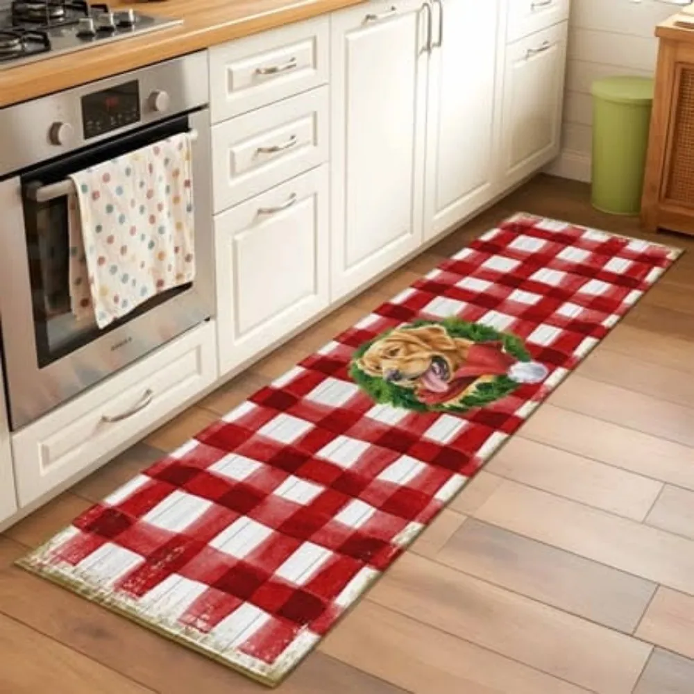 Christmas Runner Rug Golden Retriever Dog Printed Long Kitchen Hallway Mat Non Slip Buffalo Plaid Floor Carpet Decor
