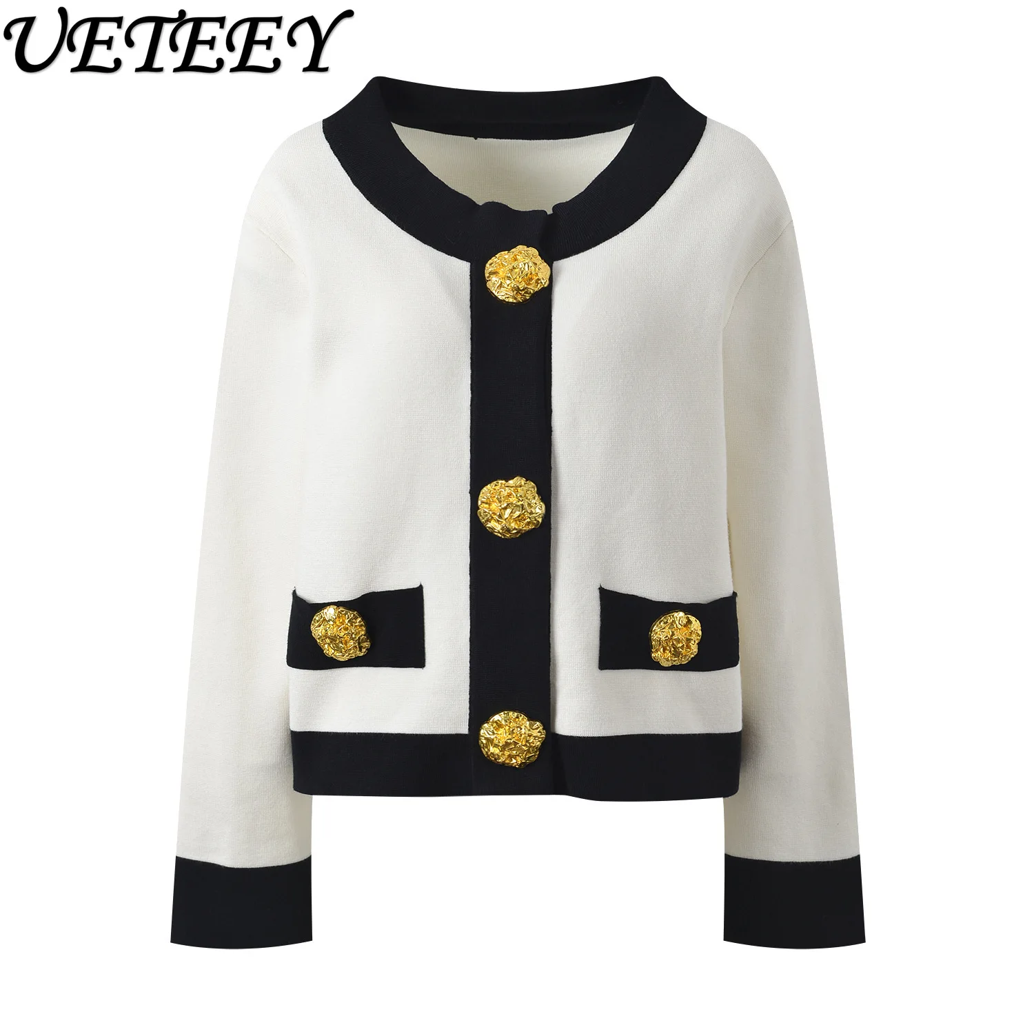 French Celebrity Luxury Gold Buckle Contrasting Color Sweater Round Neck Temperament Fashion Elegant Versatile Knitted Cardigan