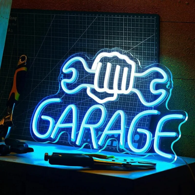 Garage Neon Sign Wrench Shaped LED Neon Light Up Signs for Wall Decor Letter Sign for Man Garage Door Auto Repair Shop Neon