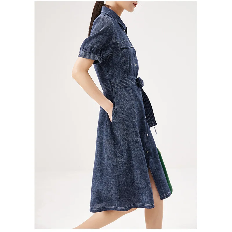 Heavyweight Silk Dress with Denim Print and Waistband Design Sense Hangzhou Mulberry Silk Summer New Women's Dress