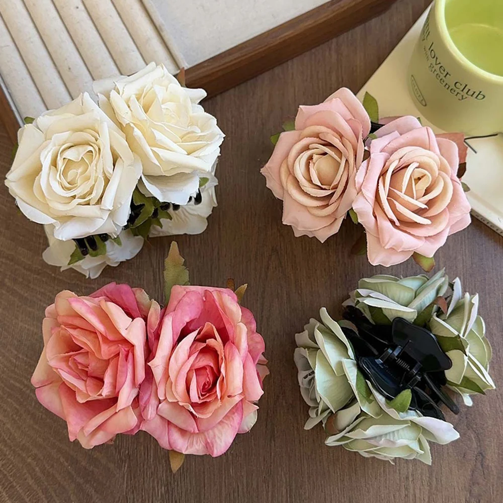 Ins Blogger Flower Rose Hair Claw Clip Simulated Flower Shark Clip For Women Ponytail Barrette Girl Beach Party Hair Accessories