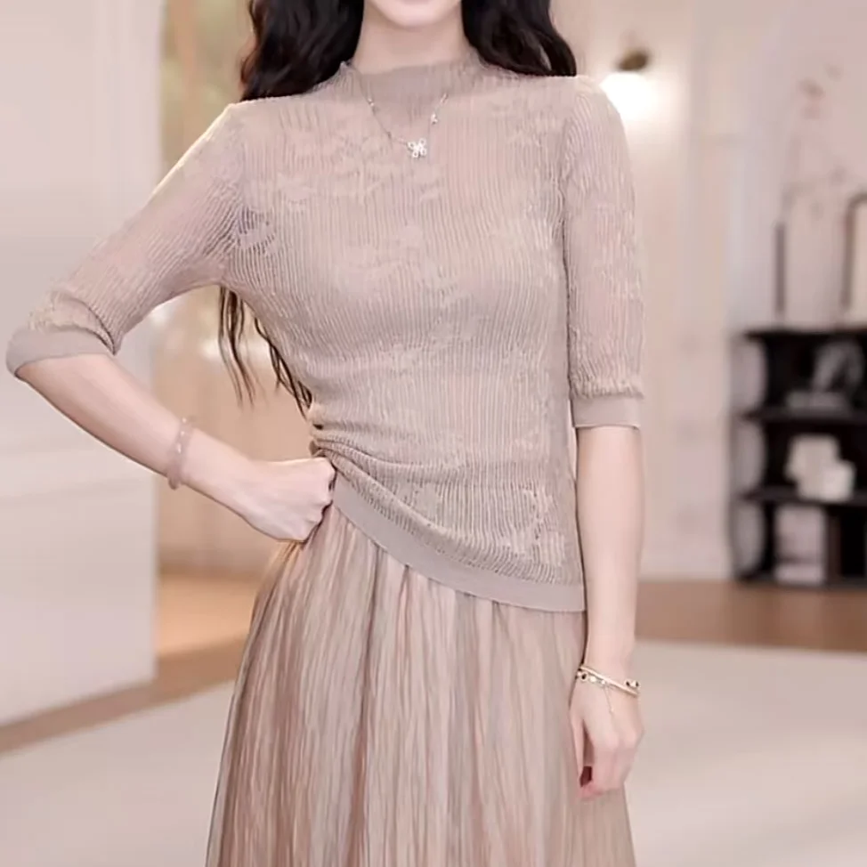 

YYStudio 2026 Летний вязаный топ с вышивкой и рукавом три четверти YY9592 Женский приталенный топ из смесовой шерсти с круглым вырезом и рукавом три четверти