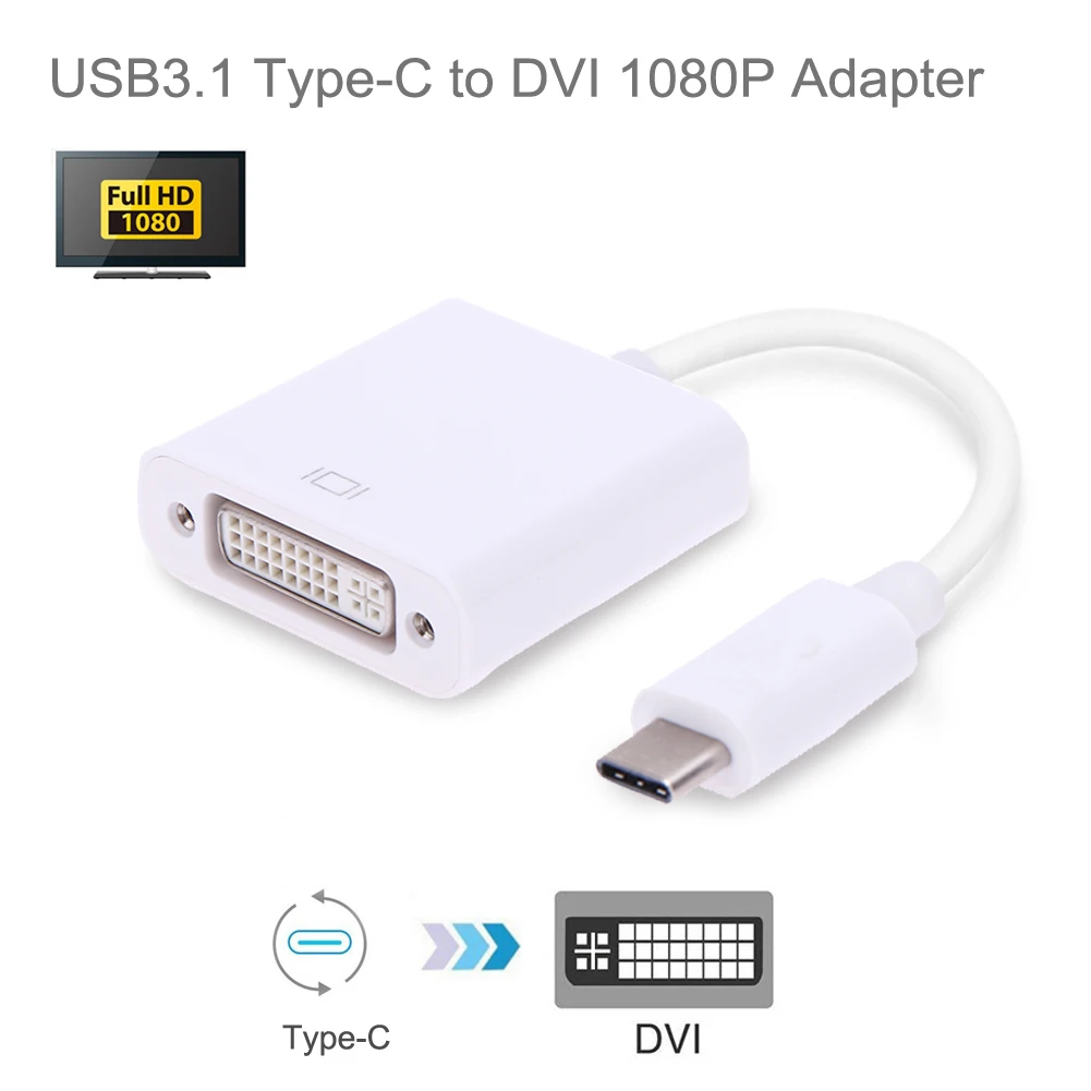 Кабель-адаптер USB C Thunderbolt-3 к DVI, штекер Type-C к гнезду DVI, переходник, совместимый с ноутбуком Macbook Pro для монитора